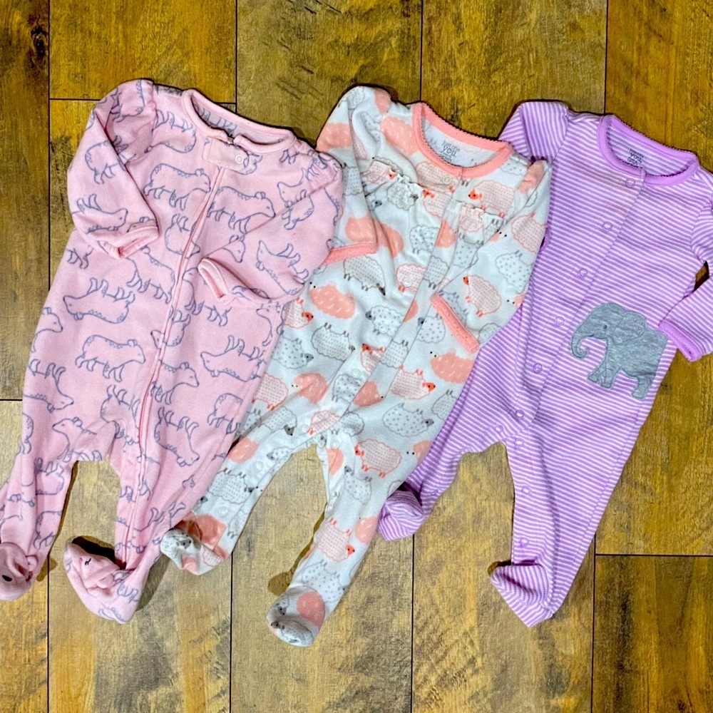 Bundle of 3 Baby Girl Sleepers (Footy Jammies), Sizes 3-6 Mo